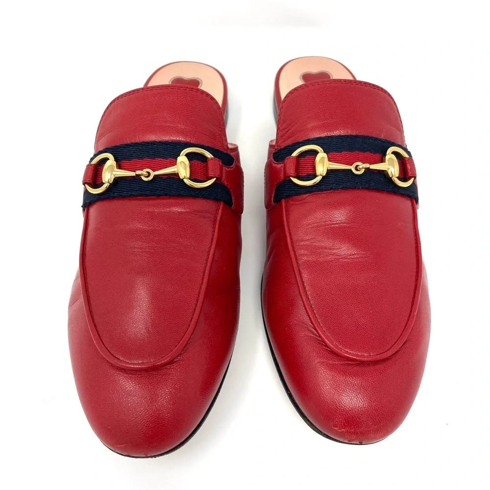 Gucci Princetown Mules in Hibiscus Red with Web Stripe Size 36.5 Size 6.5 - Picture 5 of 16